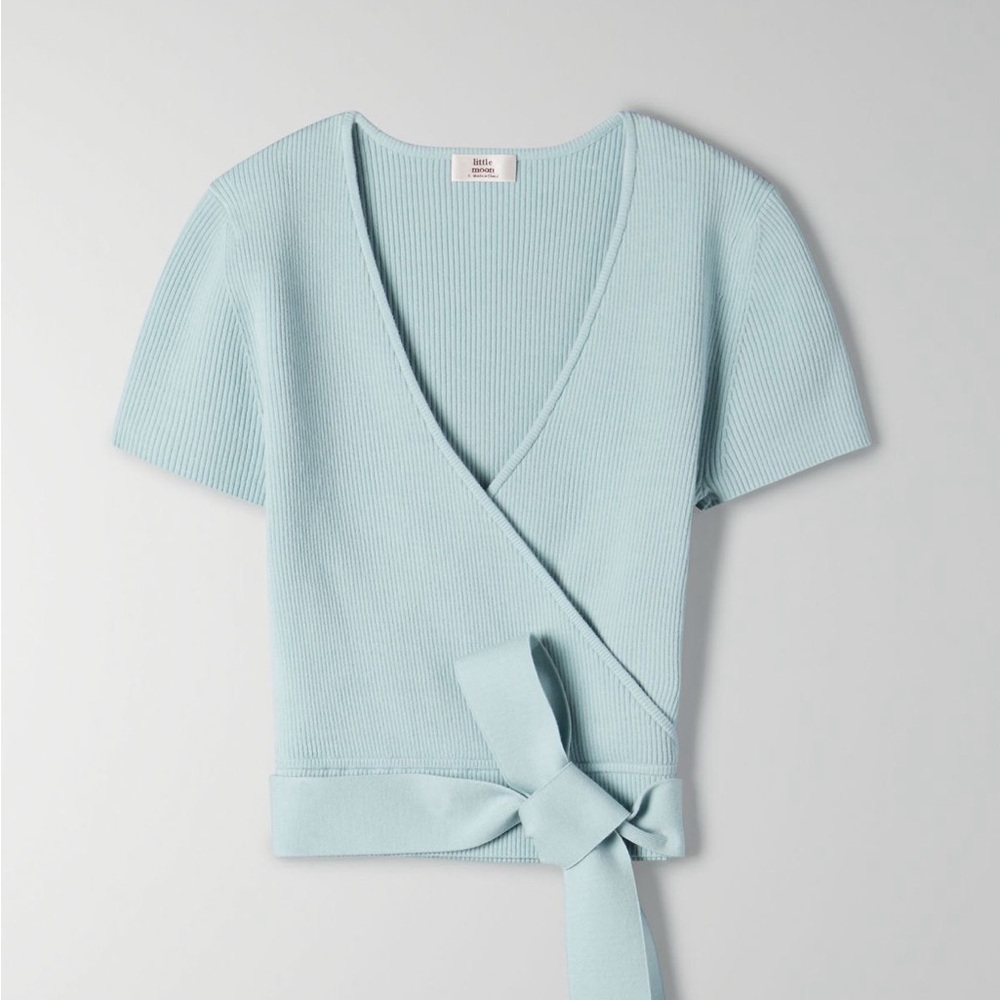 Little Moon Light Blue Ribbed Wrap Short Sleeve Top